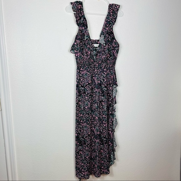 IRO NWT Santu Ruffled Shirred Crepe De Chine Maxi
Dress Black Pink Green Size 36 - Picture 6 of 12